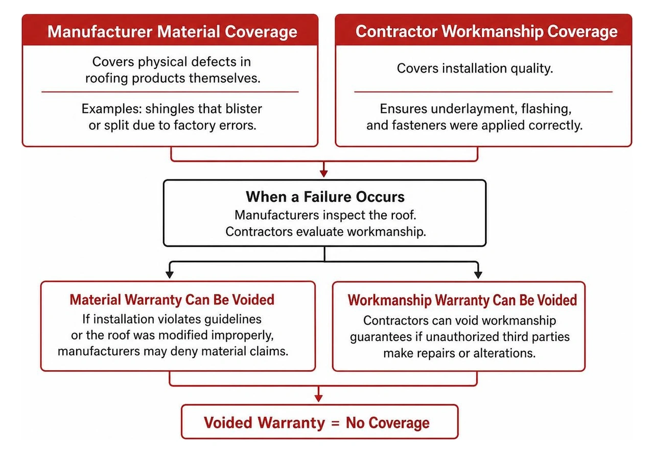 Diagram showing the relationship between manufacturer material coverage and contractor workmanship Diagram showing the relationship between manufacturer material coverage and contractor workmanship