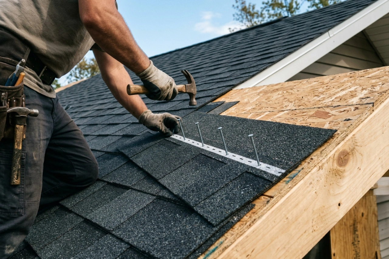 Asphalt shingle installation with proper nailing alignment Asphalt shingle installation with proper nailing alignment
