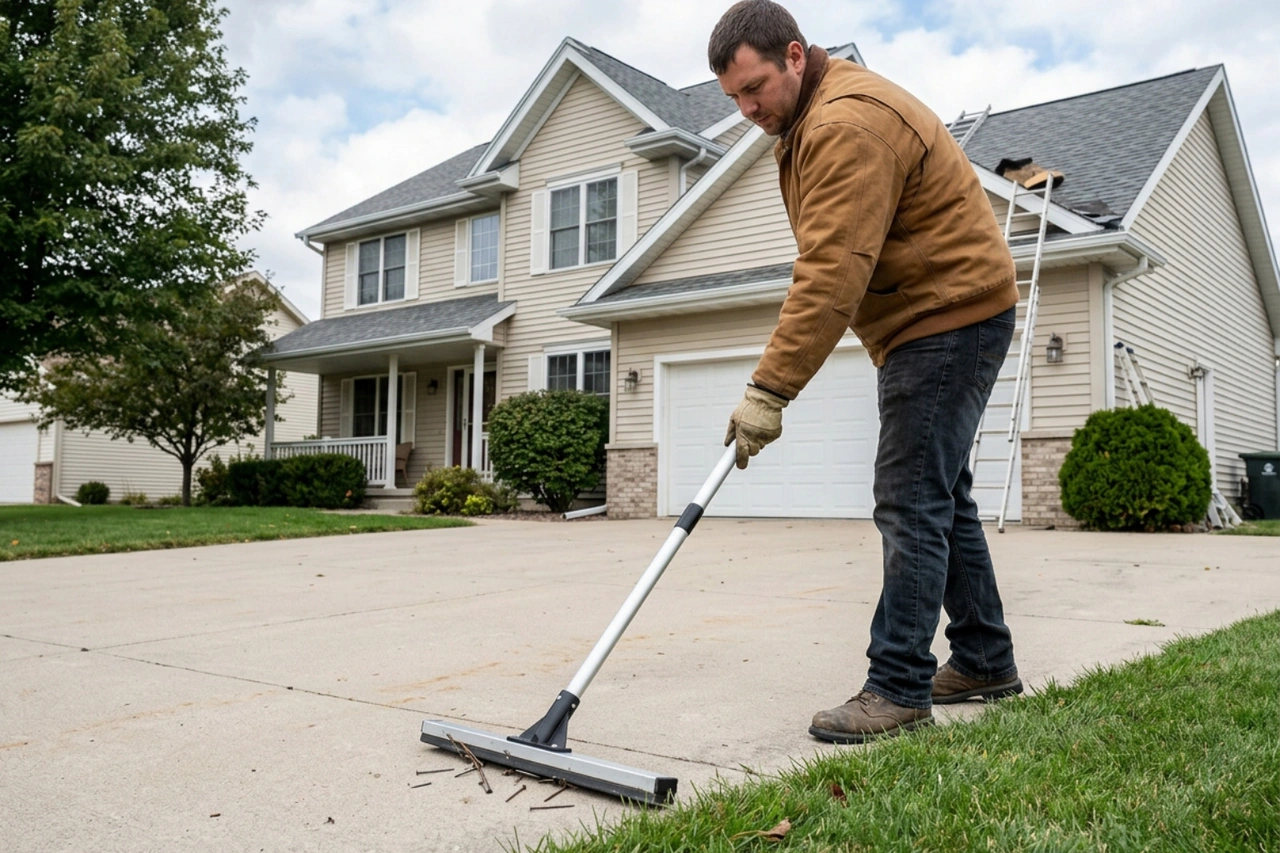 roofer using a rolling magnetic sweeper to pick up stray nails from driveway and lawn roofer using a rolling magnetic sweeper to pick up stray nails from driveway and lawn