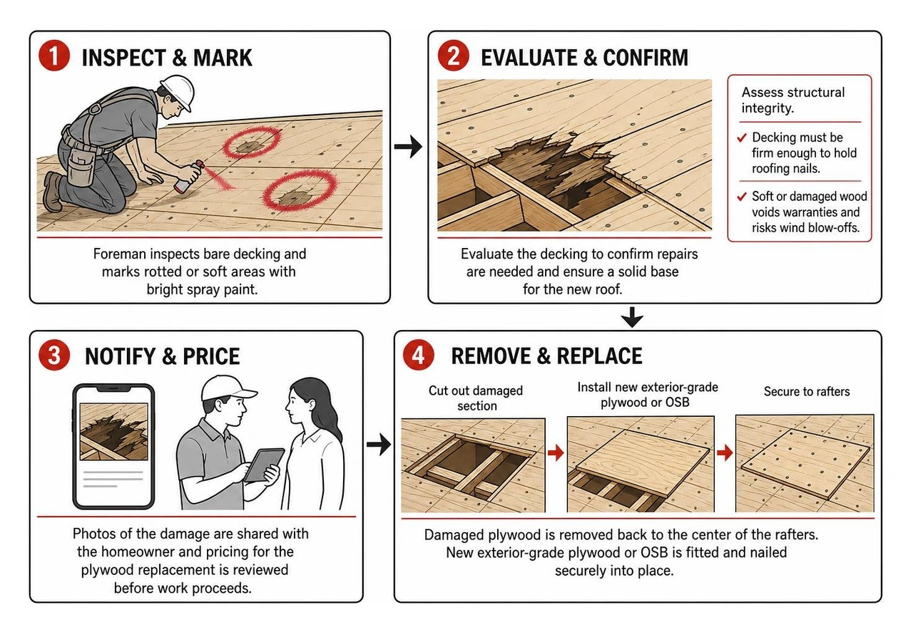 diagram showing structural decking inspection and plywood replacement process diagram showing structural decking inspection and plywood replacement process