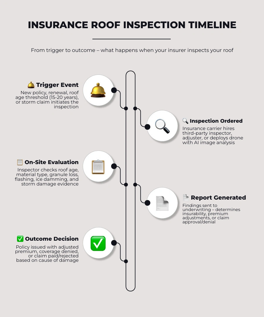 Insurance roof inspection timeline from trigger to outcome infographic infographic