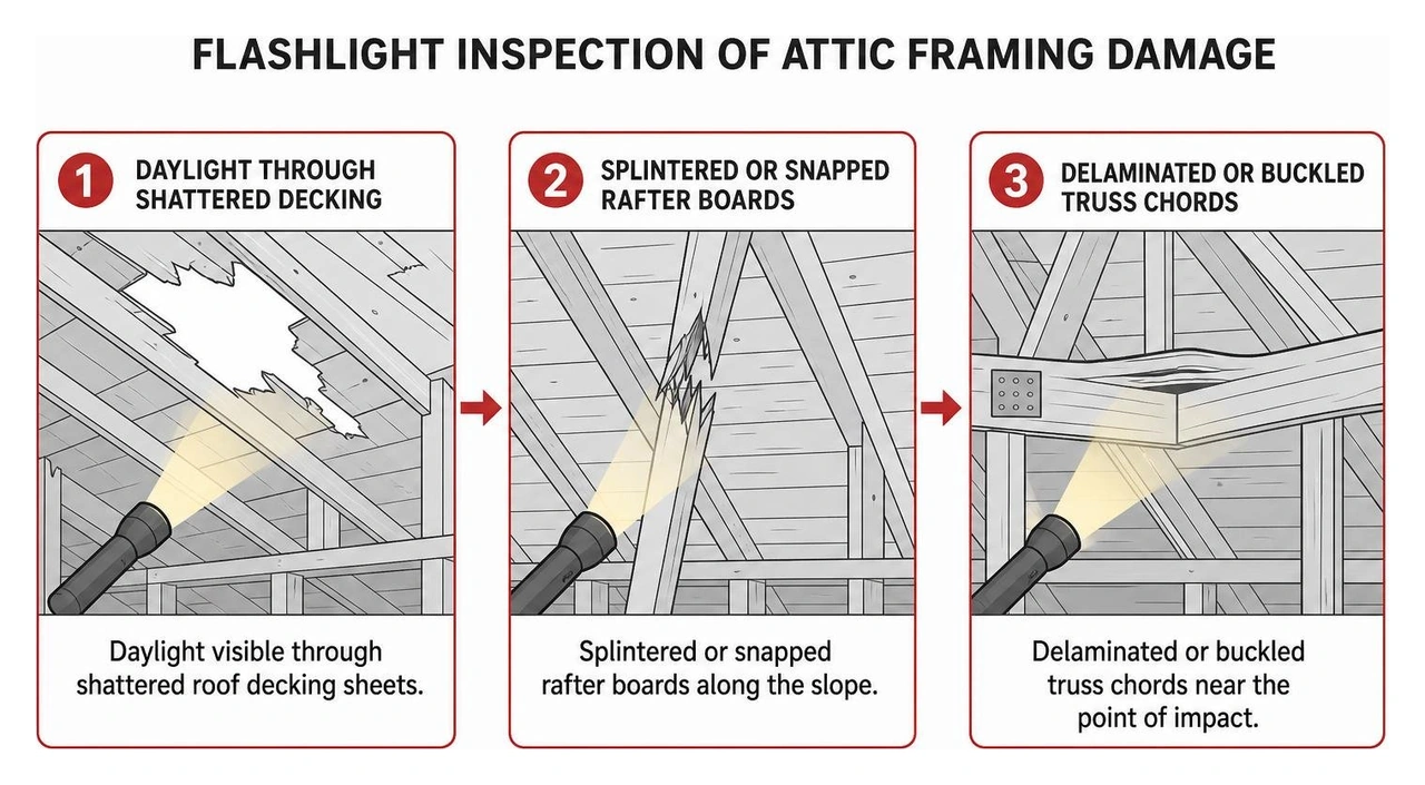 flashlight inspection of shattered roof decking and rafters in an attic space flashlight inspection of shattered roof decking and rafters in an attic space