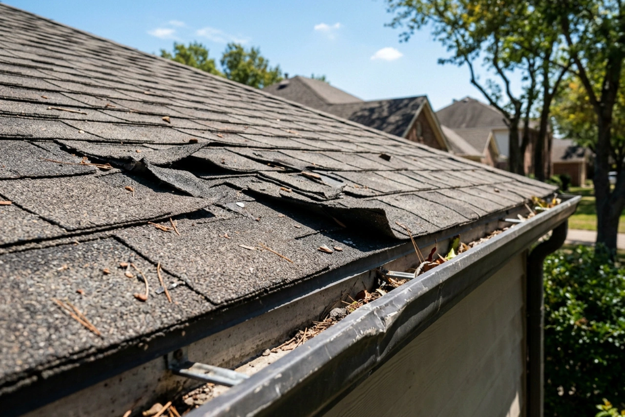 detailed photos of storm damaged asphalt shingles and dented gutters detailed photos of storm damaged asphalt shingles and dented gutters
