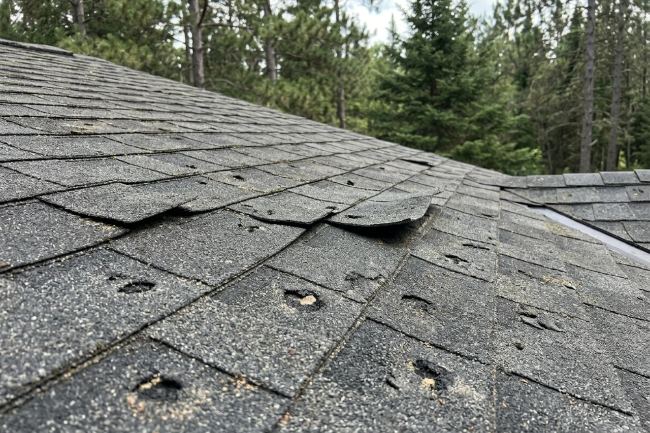 wind blown shingles and hail impact marks on an asphalt roof wind blown shingles and hail impact marks on an asphalt roof