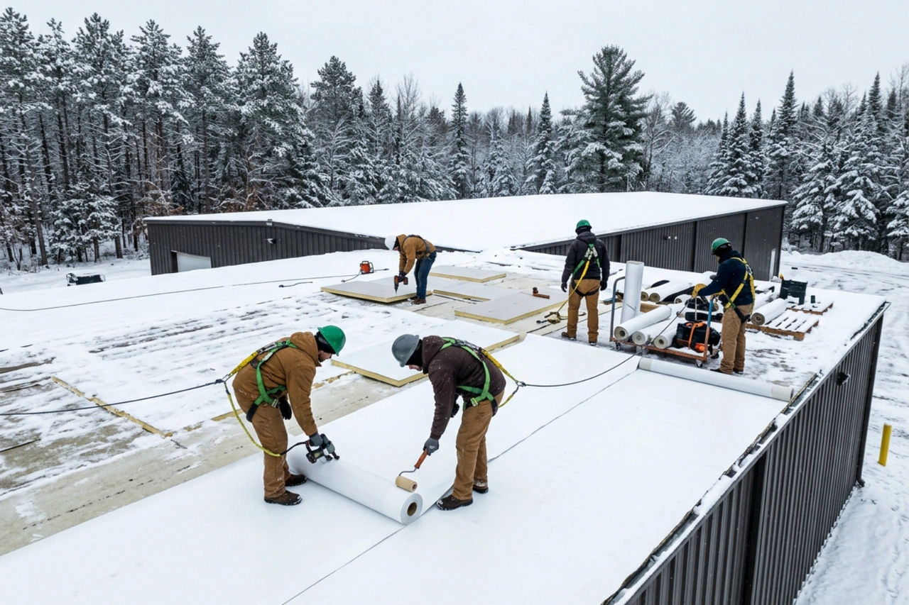 commercial roof installation team working on a single-ply roof commercial roof installation team working on a single-ply roof