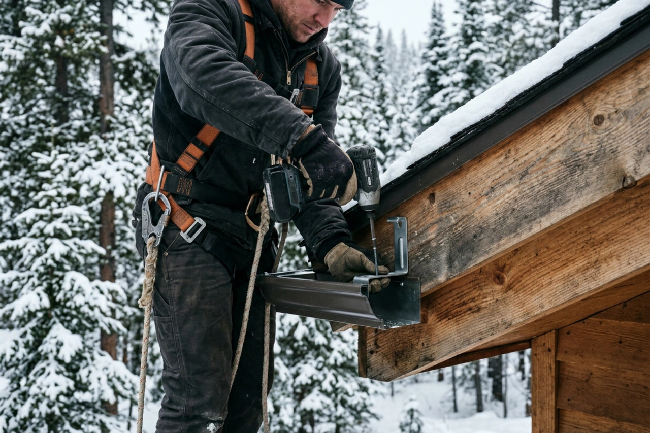 technician securing heavy-duty hidden hangers into rafter tails on a cabin eave