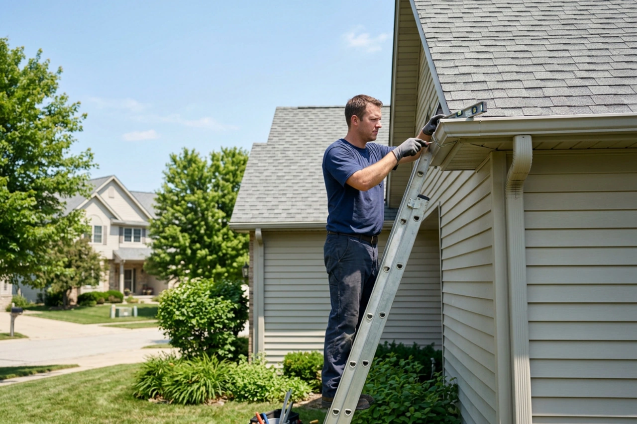 technician re-pitching aluminum gutters on a residential roofline technician re-pitching aluminum gutters on a residential roofline