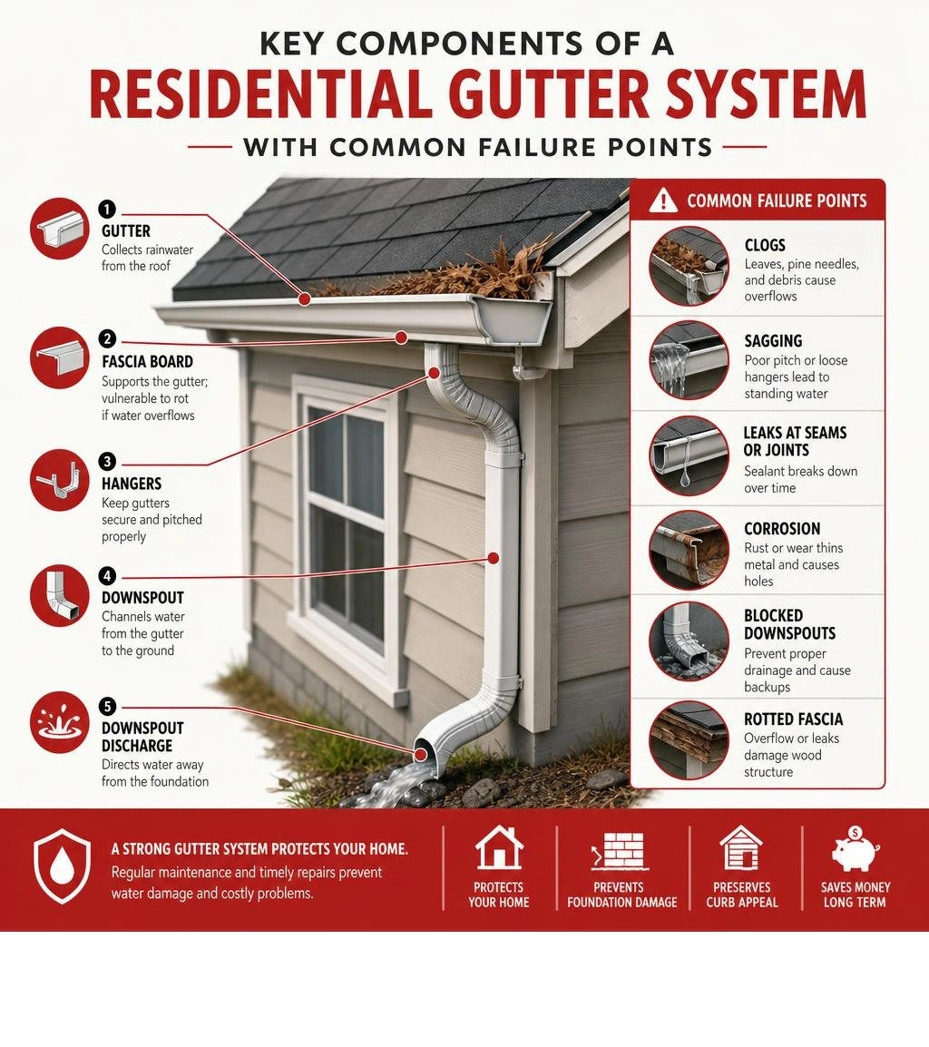 key components of a residential gutter system with common failure points labeled infographic key components of a residential gutter system with common failure points labeled infographic