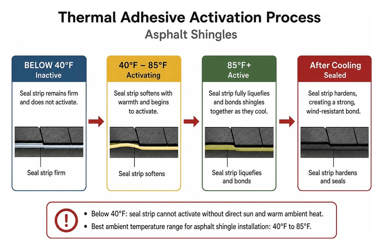 Thermal adhesive activation process diagram for asphalt shingles Thermal adhesive activation process diagram for asphalt shingles