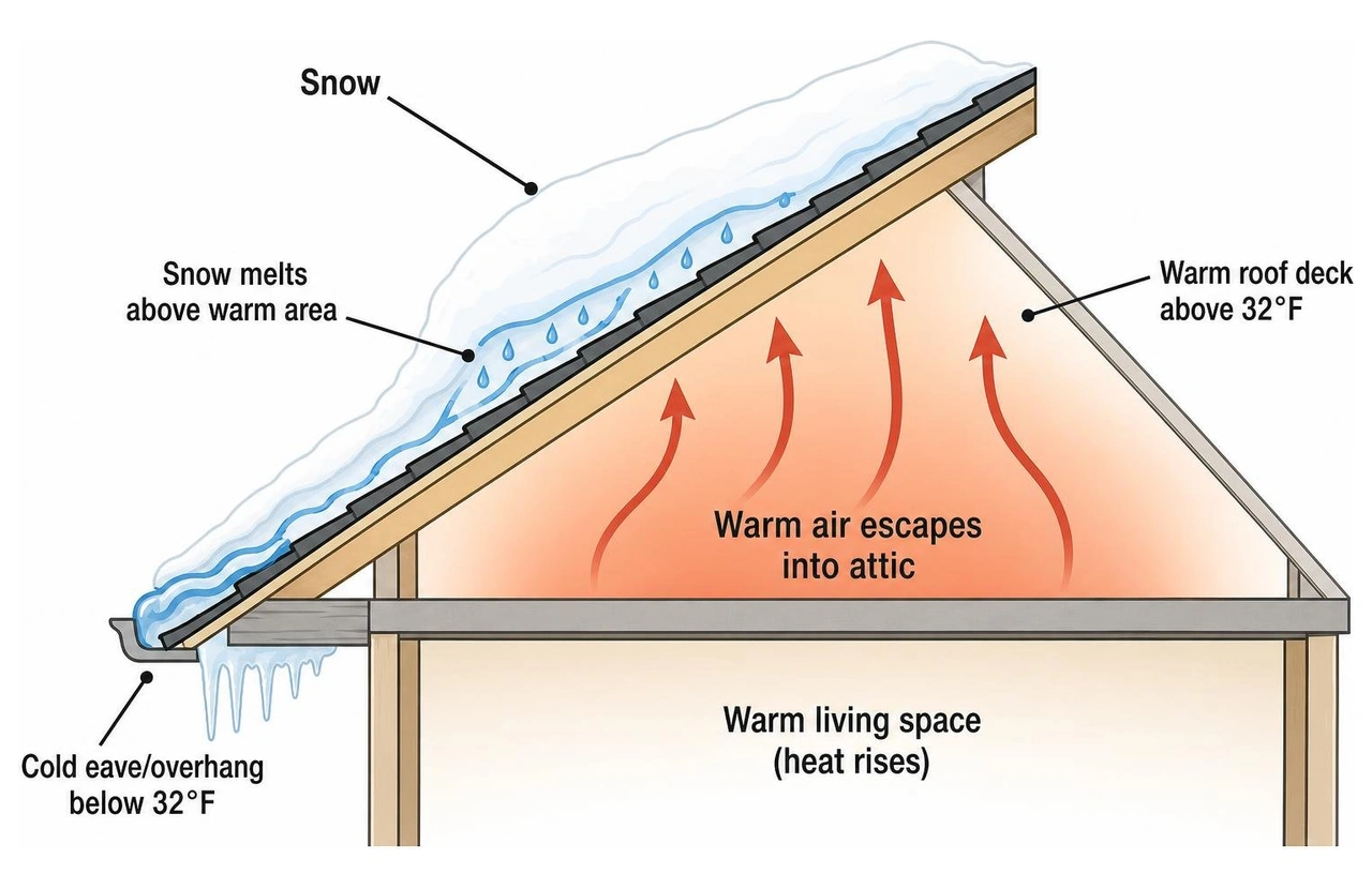 diagram showing warm air escaping into attic space and melting snow directly above diagram showing warm air escaping into attic space and melting snow directly above