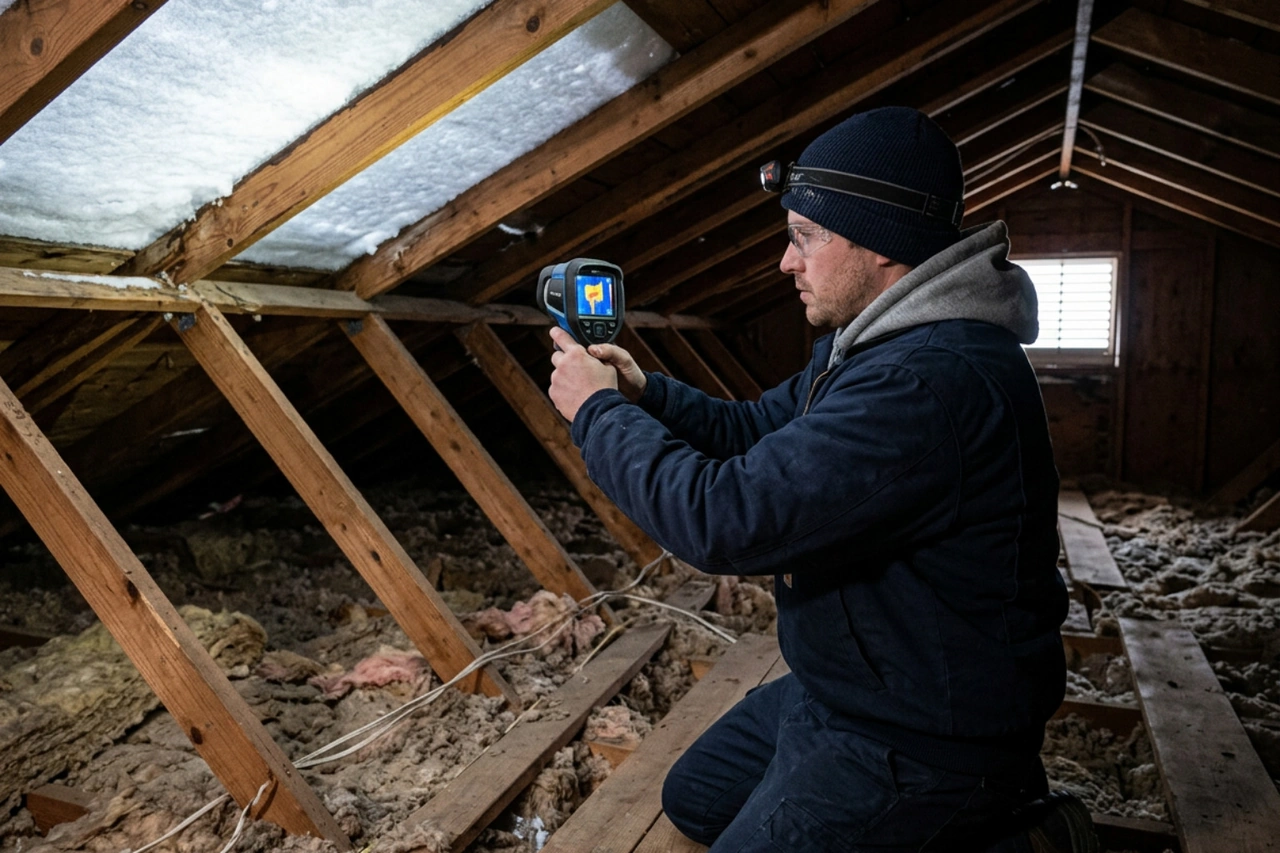 technician conducting a winter infrared thermal camera scan inside an attic technician conducting a winter infrared thermal camera scan inside an attic