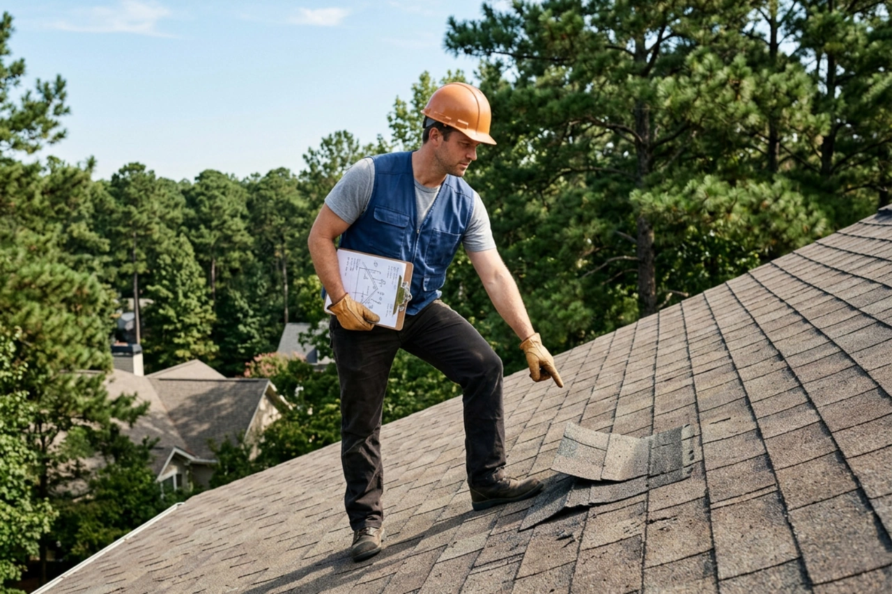 contractor performing a roof inspection and preparing a written quote