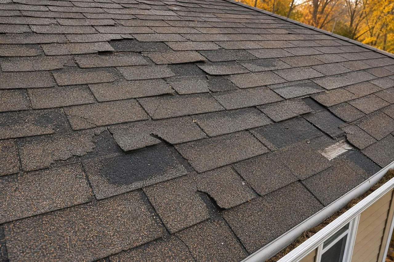 moderate shingle granule loss and wind damage on a roof moderate shingle granule loss and wind damage on a roof