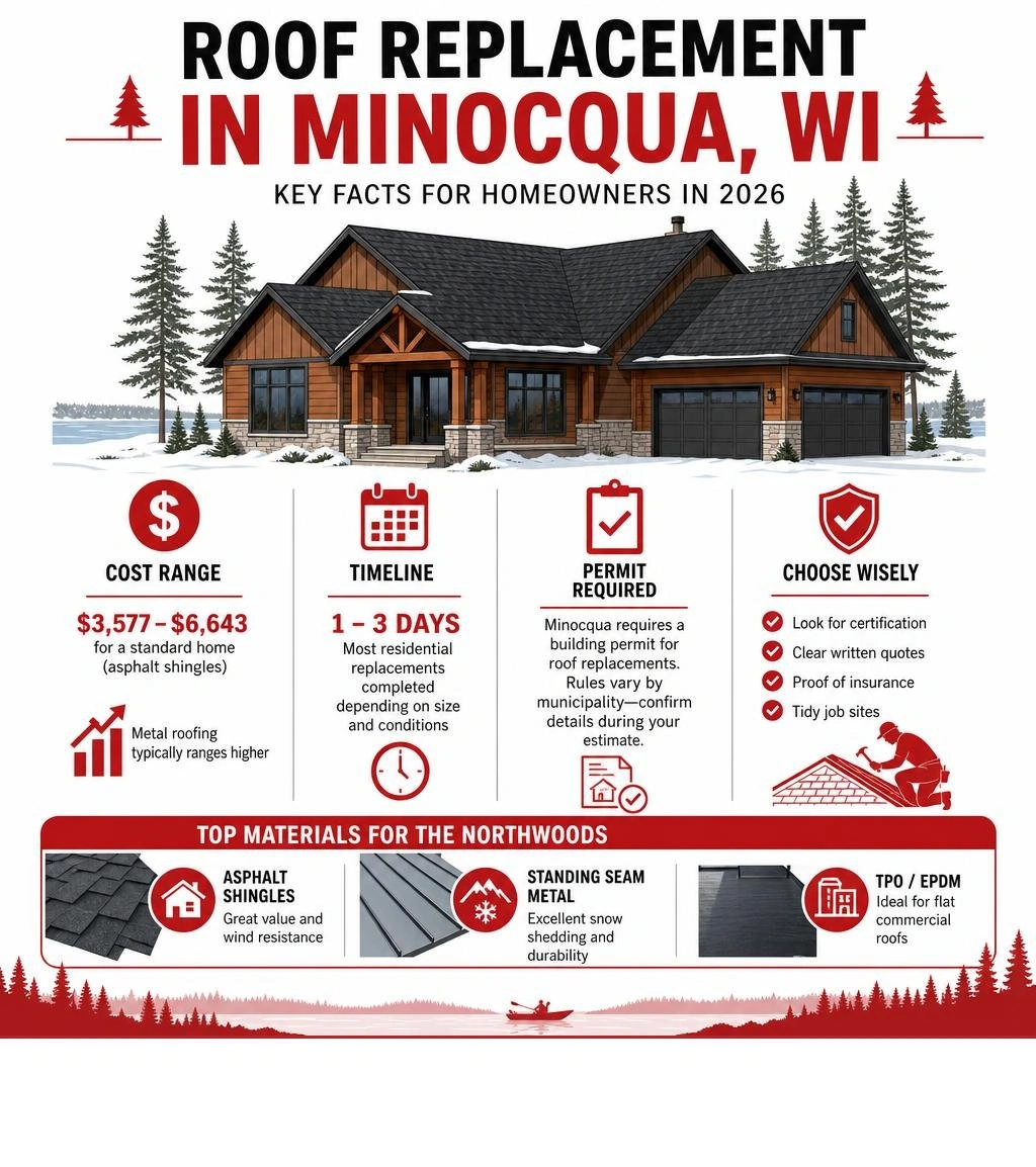 infographic showing key facts about roof replacement in Minocqua WI including cost ranges, timelines, permit requirements infographic showing key facts about roof replacement in Minocqua WI including cost ranges, timelines, permit requirements