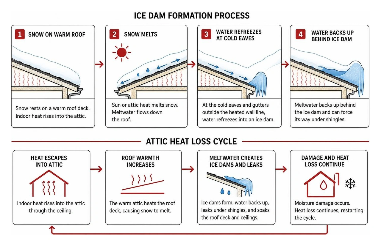 Ice dam formation process and attic heat loss cycle Ice dam formation process and attic heat loss cycle