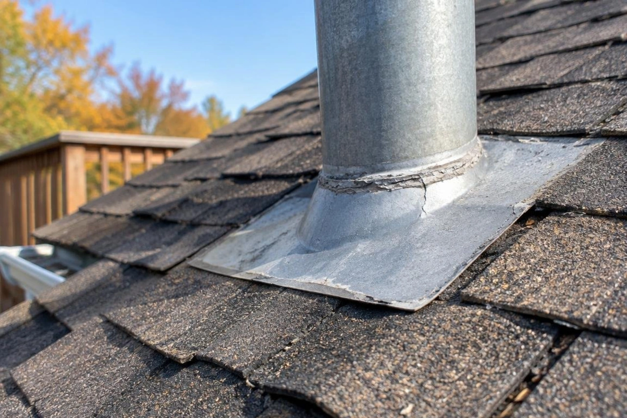 Close-up inspection of roof flashing and shingles before winter Close-up inspection of roof flashing and shingles before winter