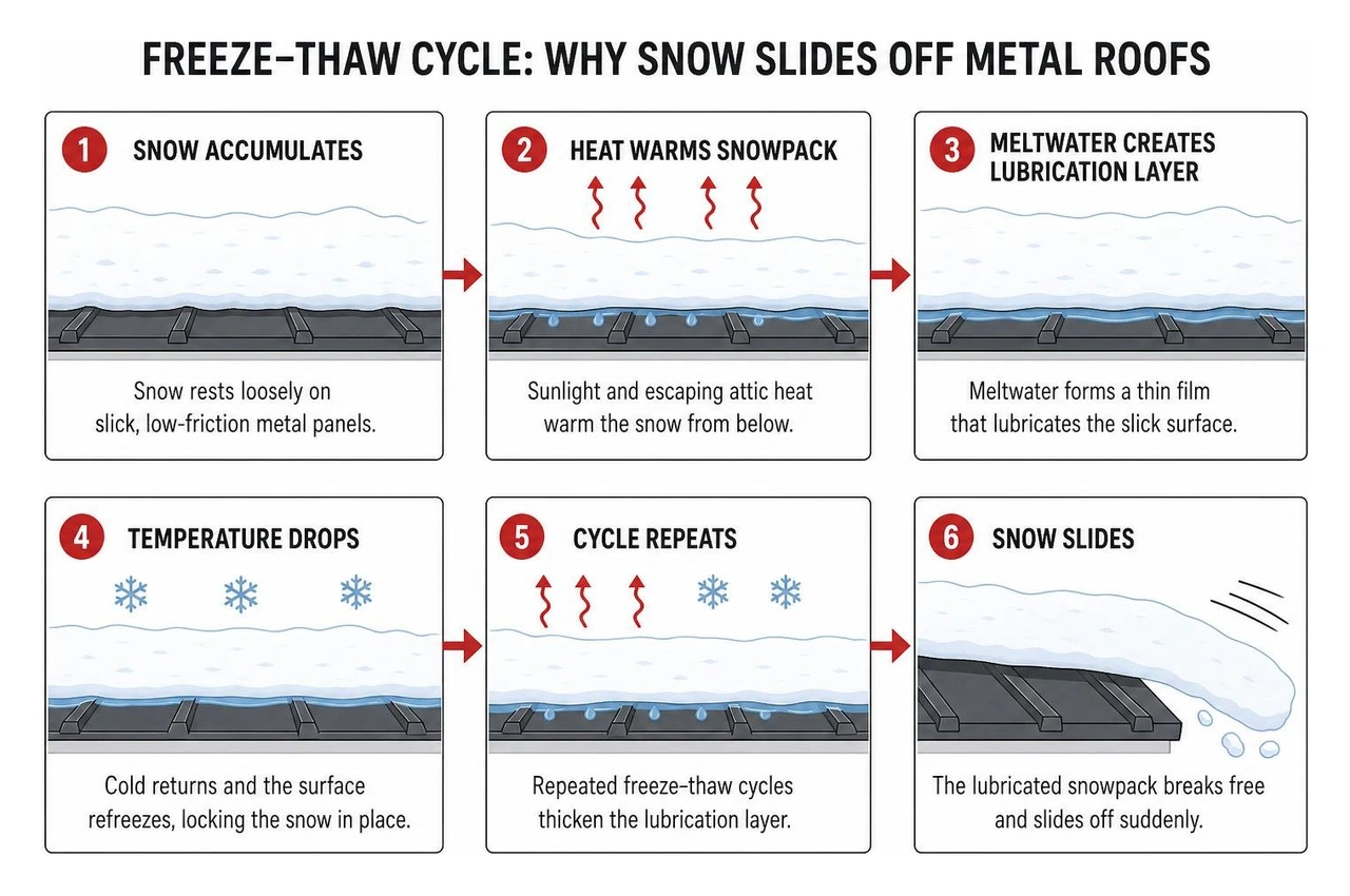 diagram of freeze-thaw cycle causing snowpack to slide off slick metal roof panels