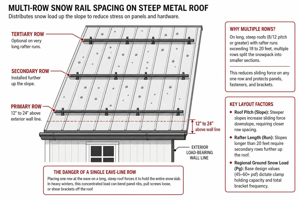 diagram of multi-row snow rail spacing on steep metal roof slope
