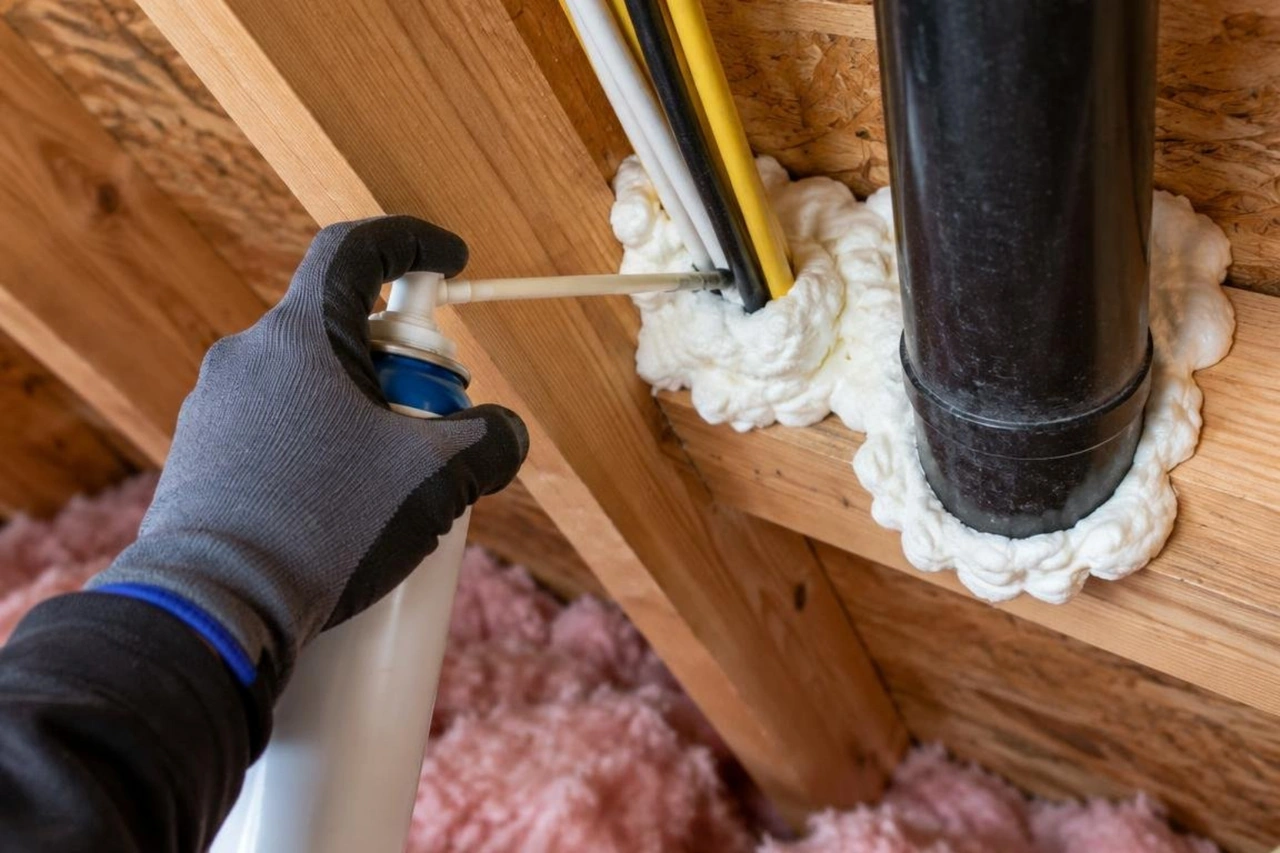 Applying expanding foam around ceiling electrical penetrations to stop air leakage into the attic