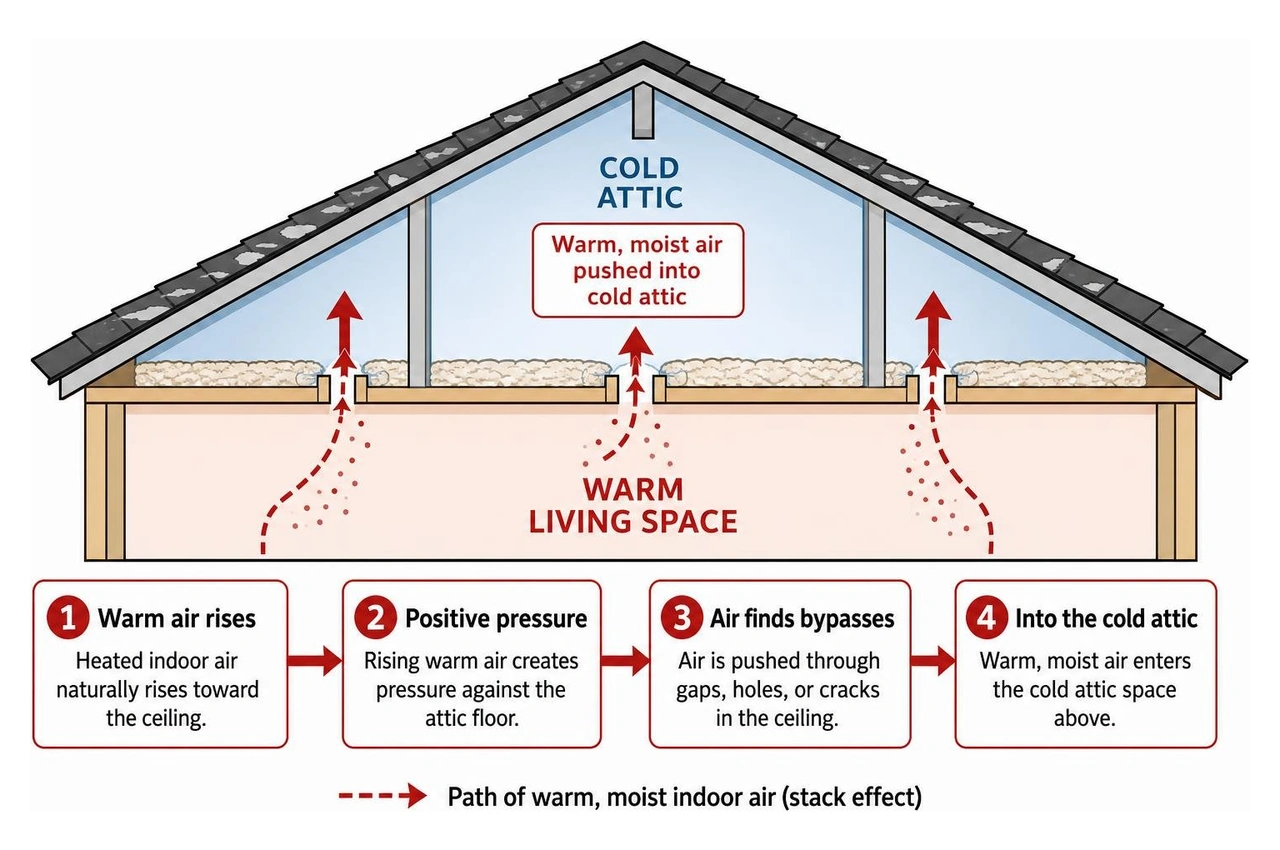 Diagram showing how the stack effect pushes warm moist household air through ceiling bypasses into a cold attic