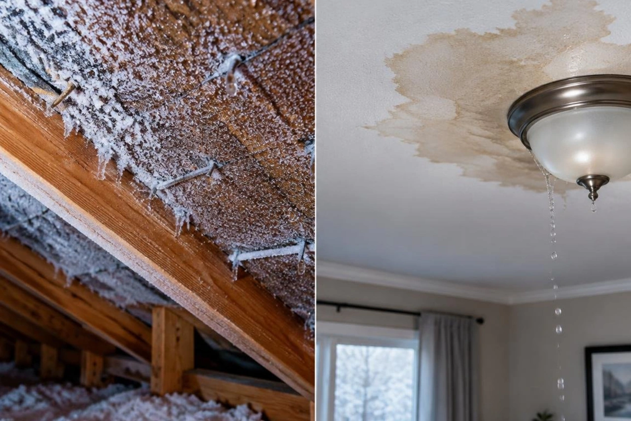 Table comparing attic condensation symptoms and exterior roof leak symptoms