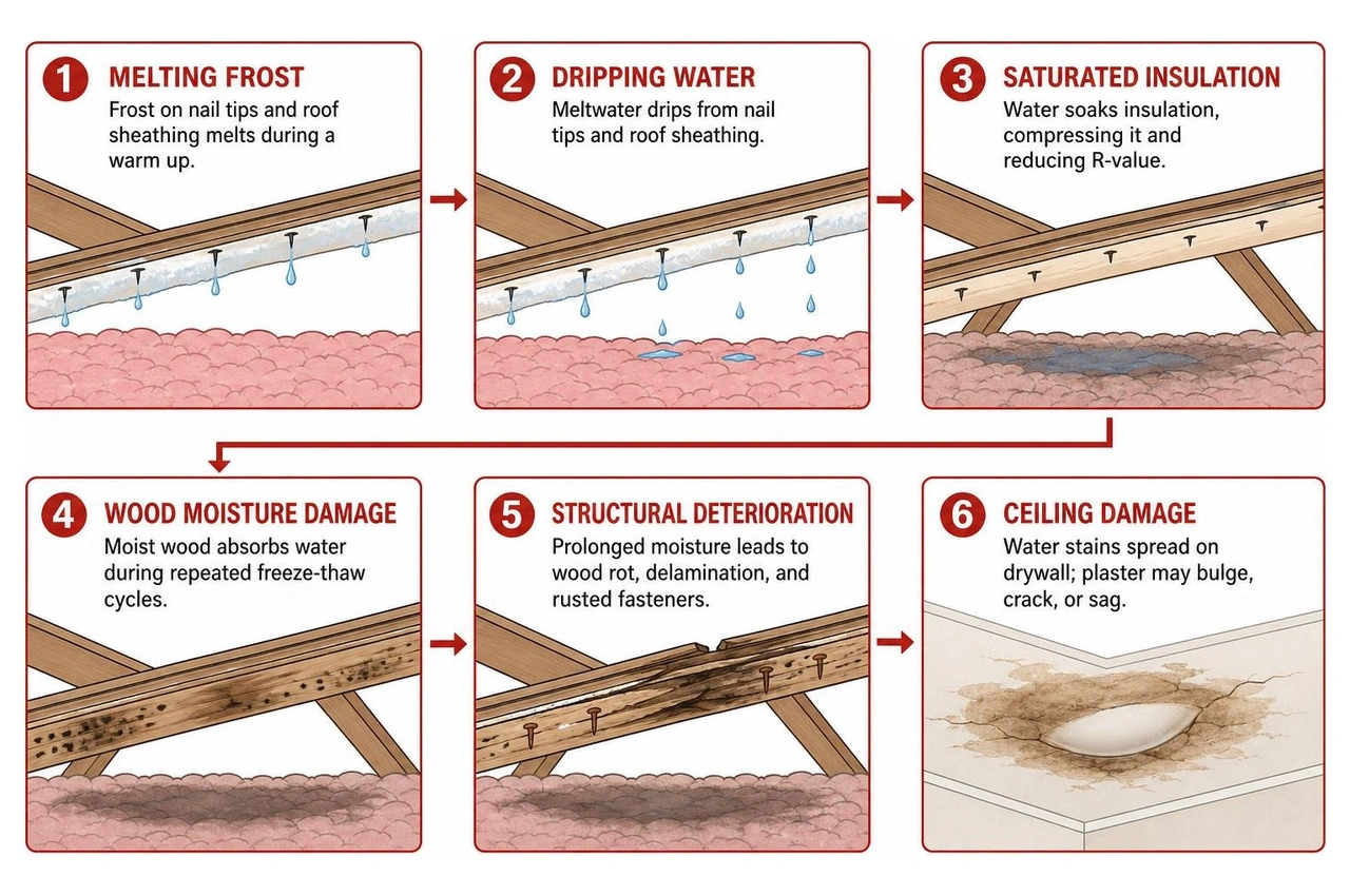 Diagram of attic moisture damage progression from melting frost to saturated insulation and ceiling damage