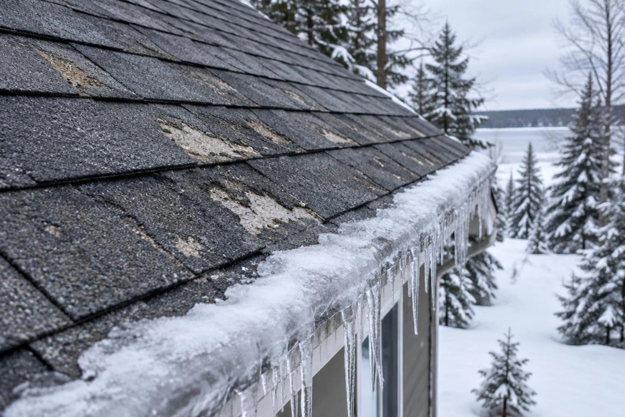 Shingle granule loss and winter ice dam formation on a roof Shingle granule loss and winter ice dam formation on a roof