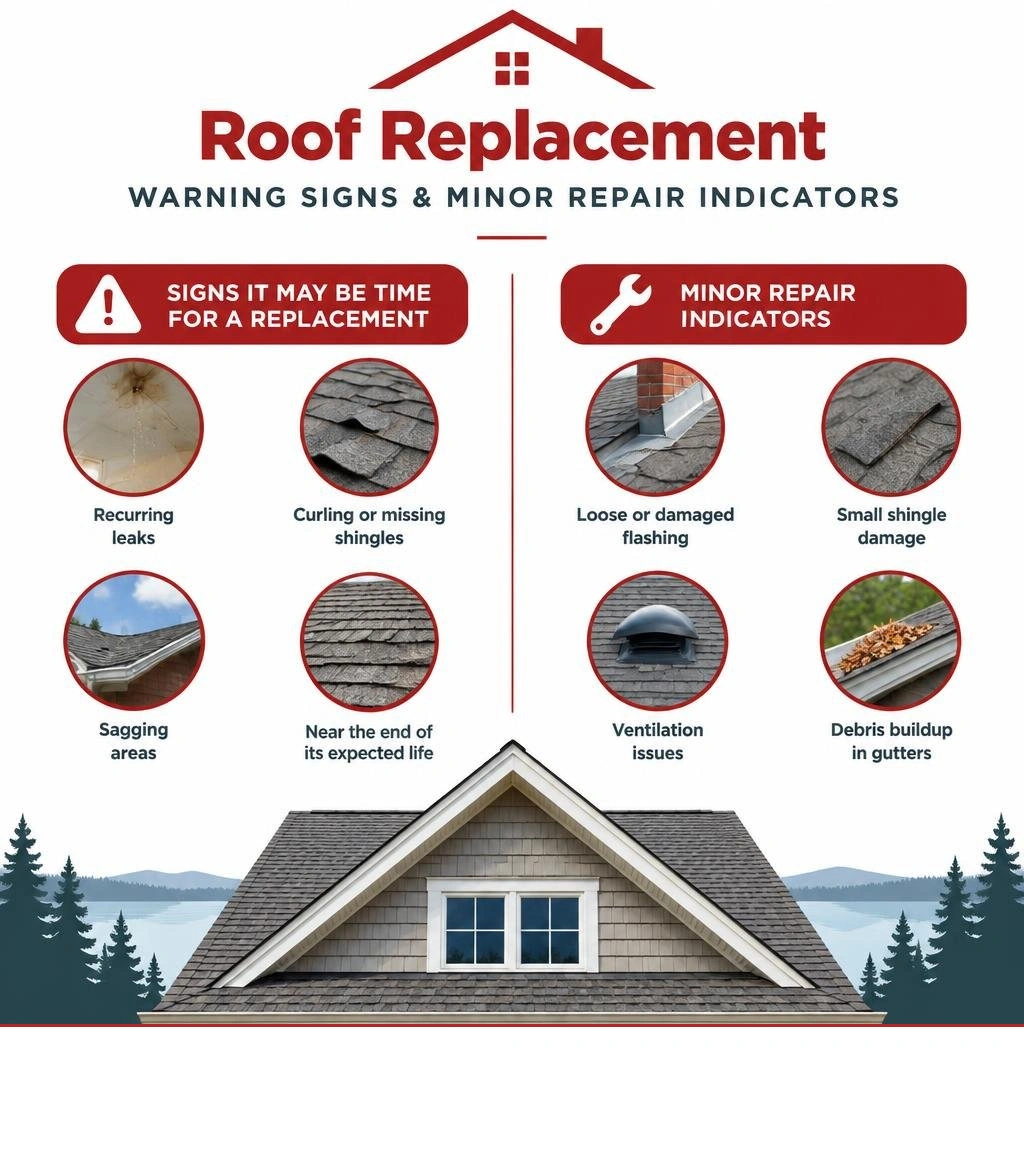 Roof replacement warning signs and minor repair indicators infographic Roof replacement warning signs and minor repair indicators infographic
