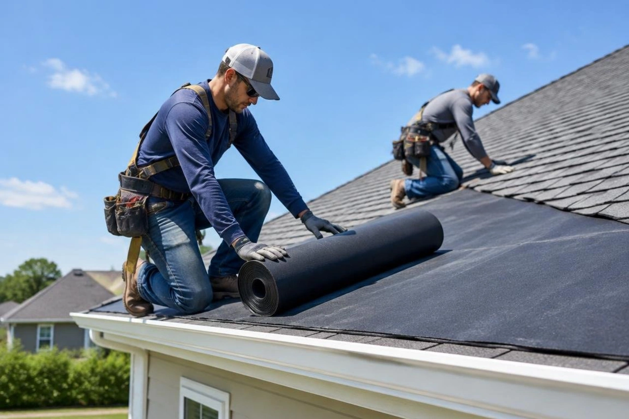 Roofing crew rolling out waterproof underlayment along roof eaves Roofing crew rolling out waterproof underlayment along roof eaves