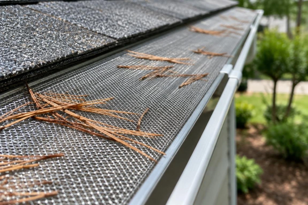 Close up of dry pine needles resting on a clean stainless micro mesh guard surface Close up of dry pine needles resting on a clean stainless micro mesh guard surface