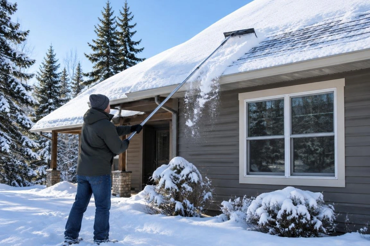 ground-level roof raking technique leaving a two-inch protective snow barrier ground-level roof raking technique leaving a two-inch protective snow barrier