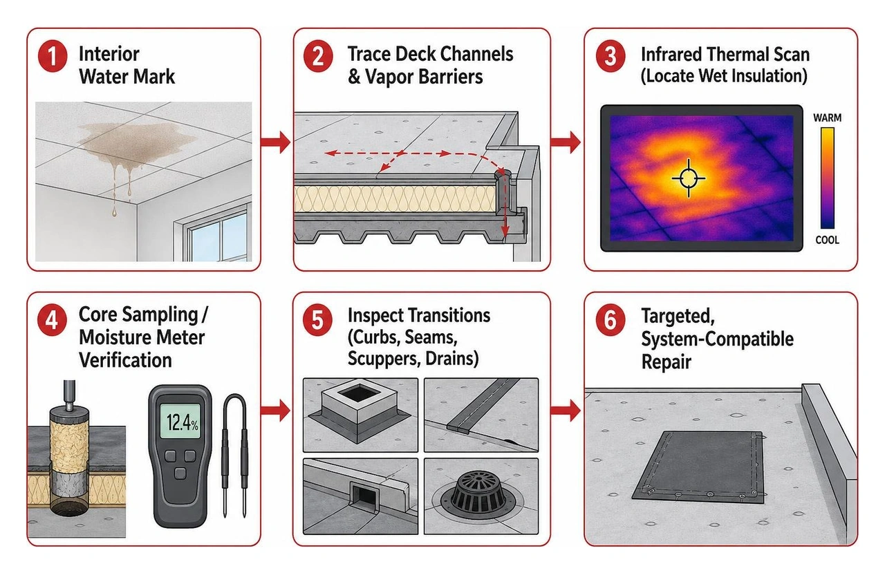 Diagram of commercial roof leak diagnostic and root-cause tracing process Diagram of commercial roof leak diagnostic and root-cause tracing process