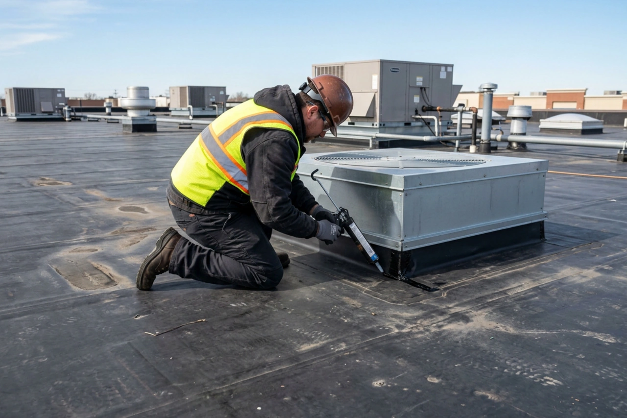 Commercial roofing technician sealing a curb transition on a flat roof Commercial roofing technician sealing a curb transition on a flat roof