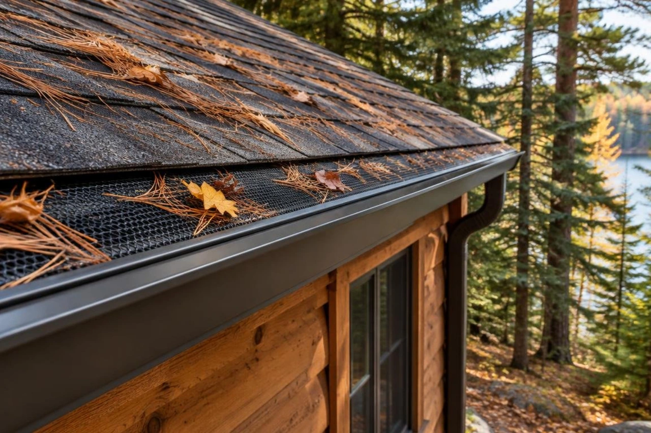 six-inch seamless aluminum gutters installed on a wooded cabin with micro-mesh guards