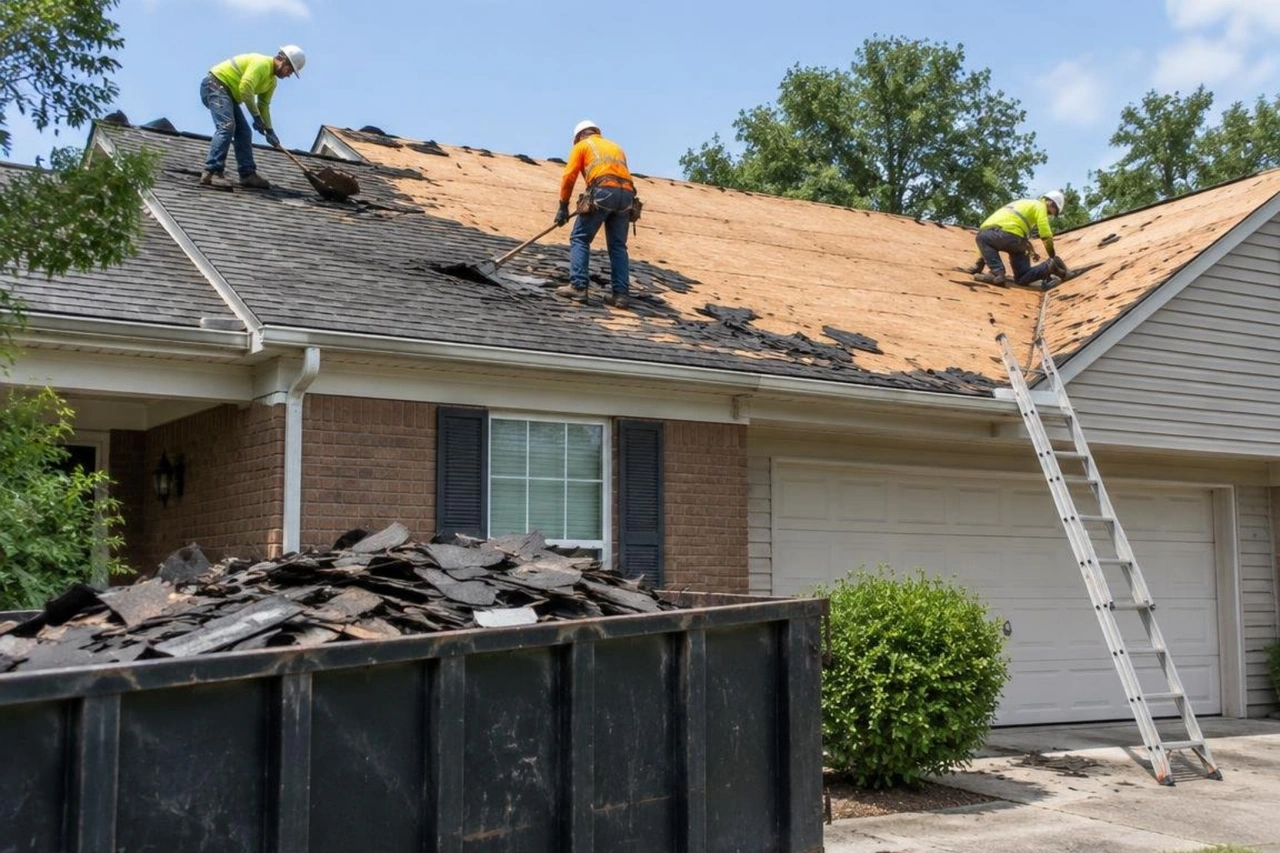 roofing crew removing old asphalt shingles to inspect wood decking roofing crew removing old asphalt shingles to inspect wood decking