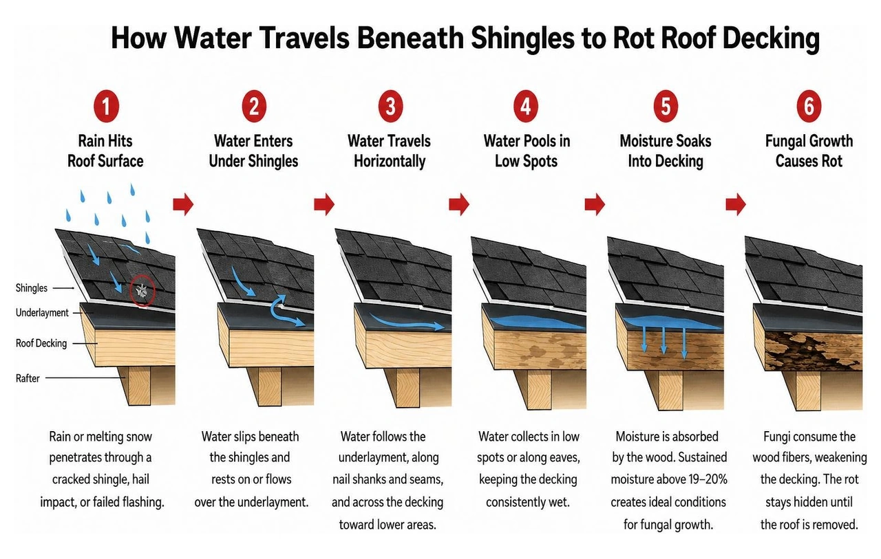 Diagram showing how water travels beneath shingles to rot roof decking Diagram showing how water travels beneath shingles to rot roof decking