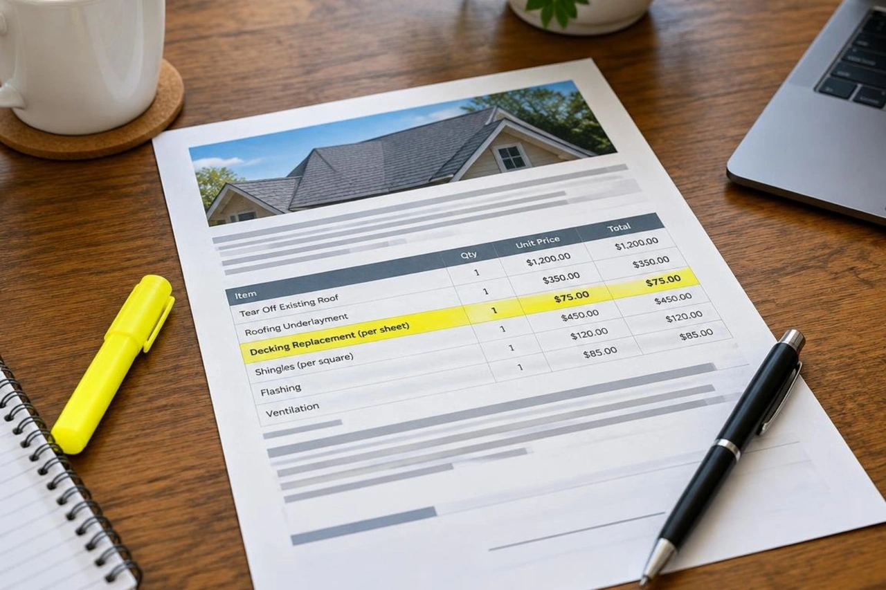 Detailed roofing contract highlighting transparent per-sheet decking replacement unit pricing Detailed roofing contract highlighting transparent per-sheet decking replacement unit pricing