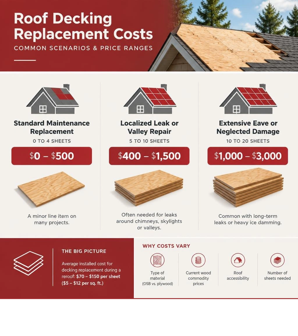 Cost comparison of roof decking replacement scenarios infographic Cost comparison of roof decking replacement scenarios infographic