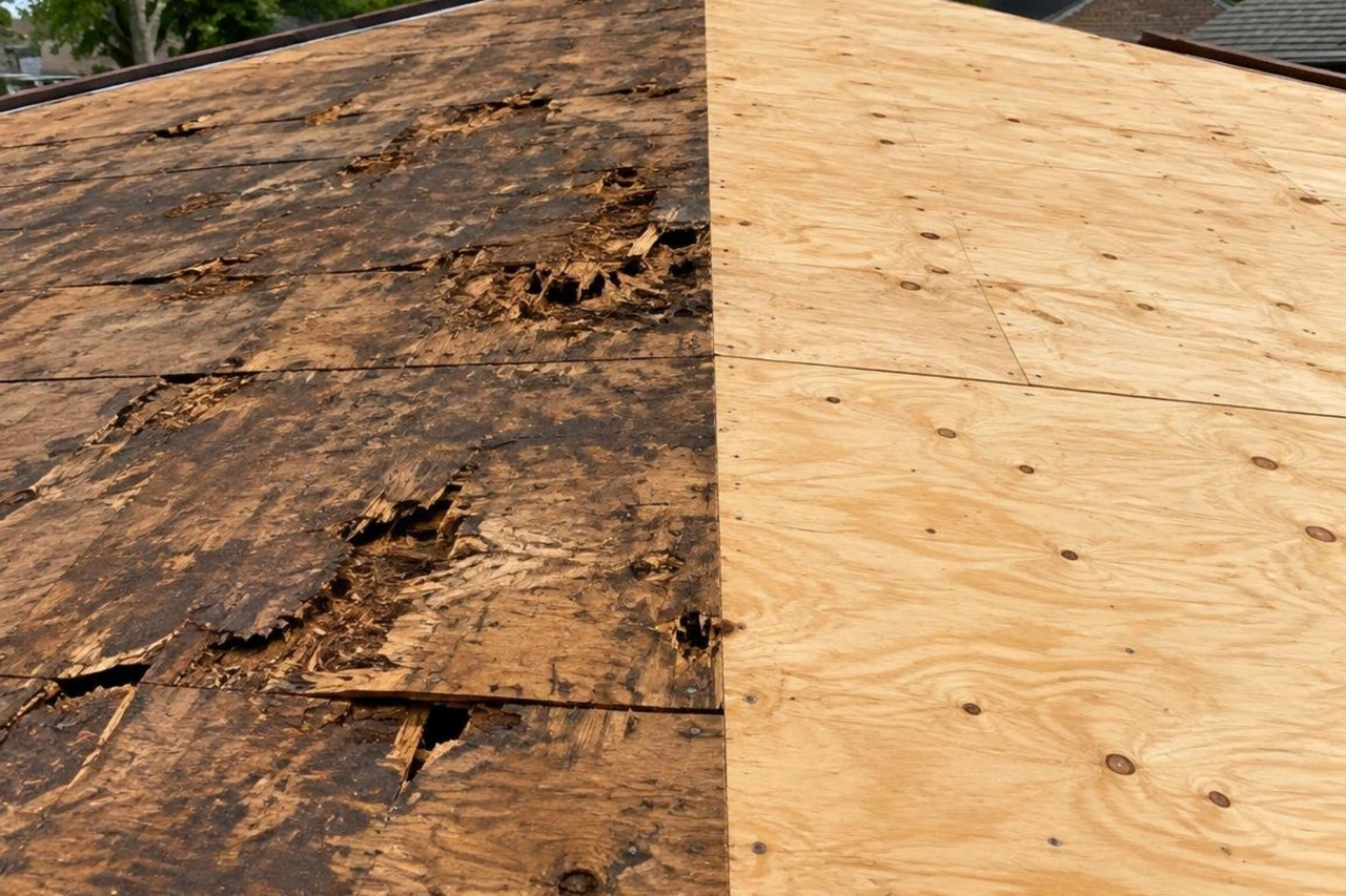 Compromised rotted roof decking compared to clean solid plywood replacement Compromised rotted roof decking compared to clean solid plywood replacement