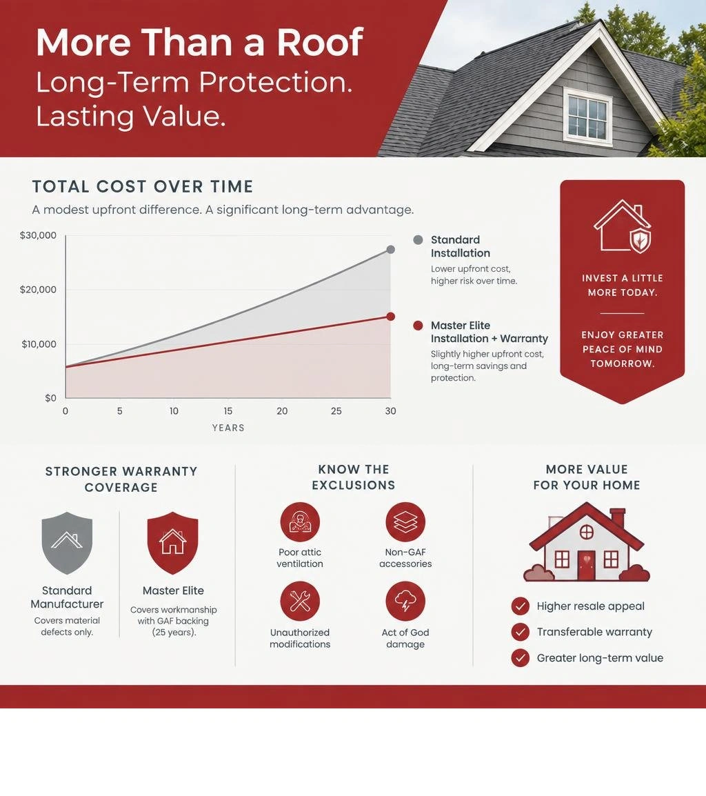 Cost comparison over time showing long-term value of Master Elite installation and warranty infographic Cost comparison over time showing long-term value of Master Elite installation and warranty infographic