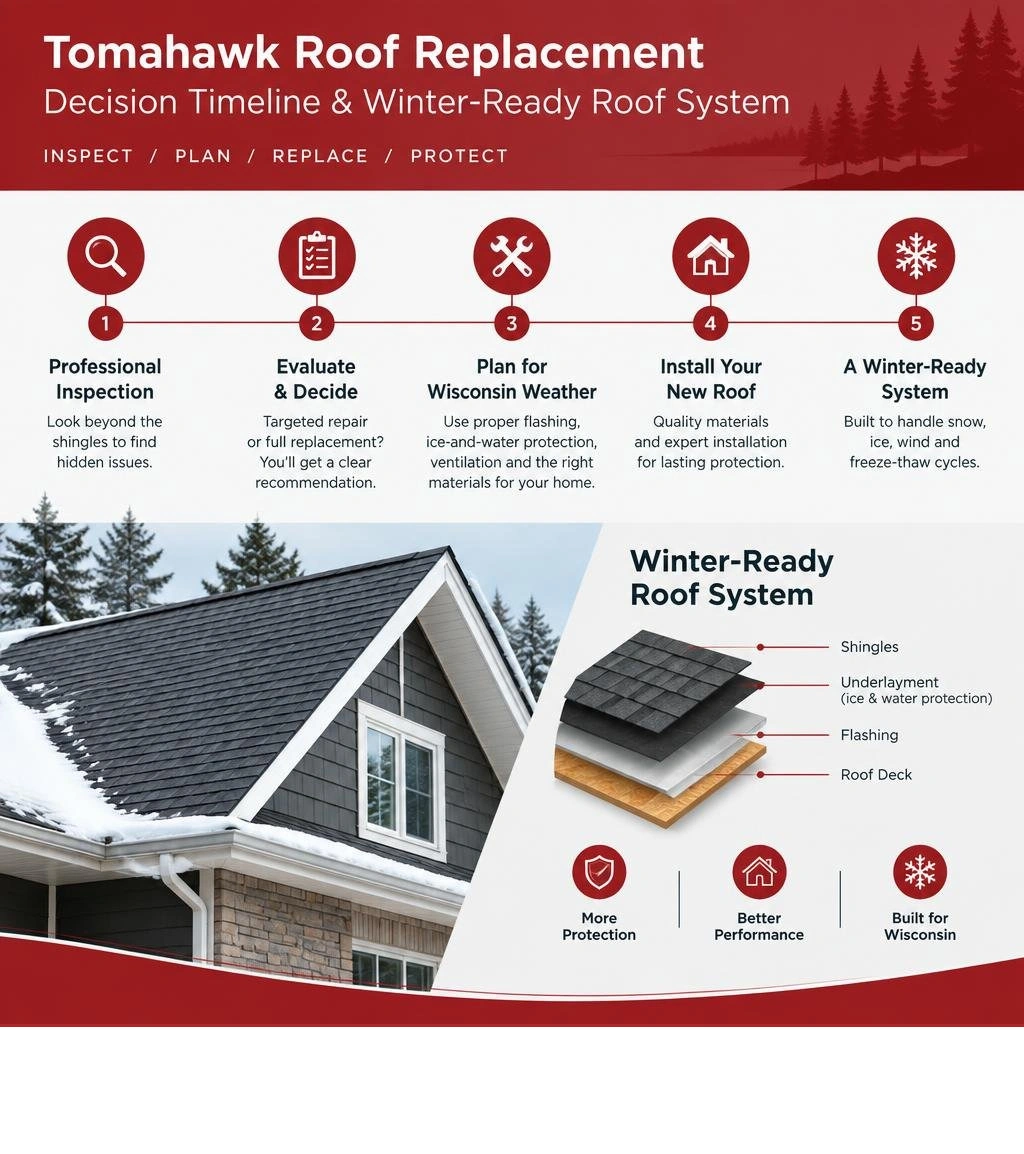 Tomahawk roof replacement decision timeline and winter-ready roof system infographic Tomahawk roof replacement decision timeline and winter-ready roof system infographic