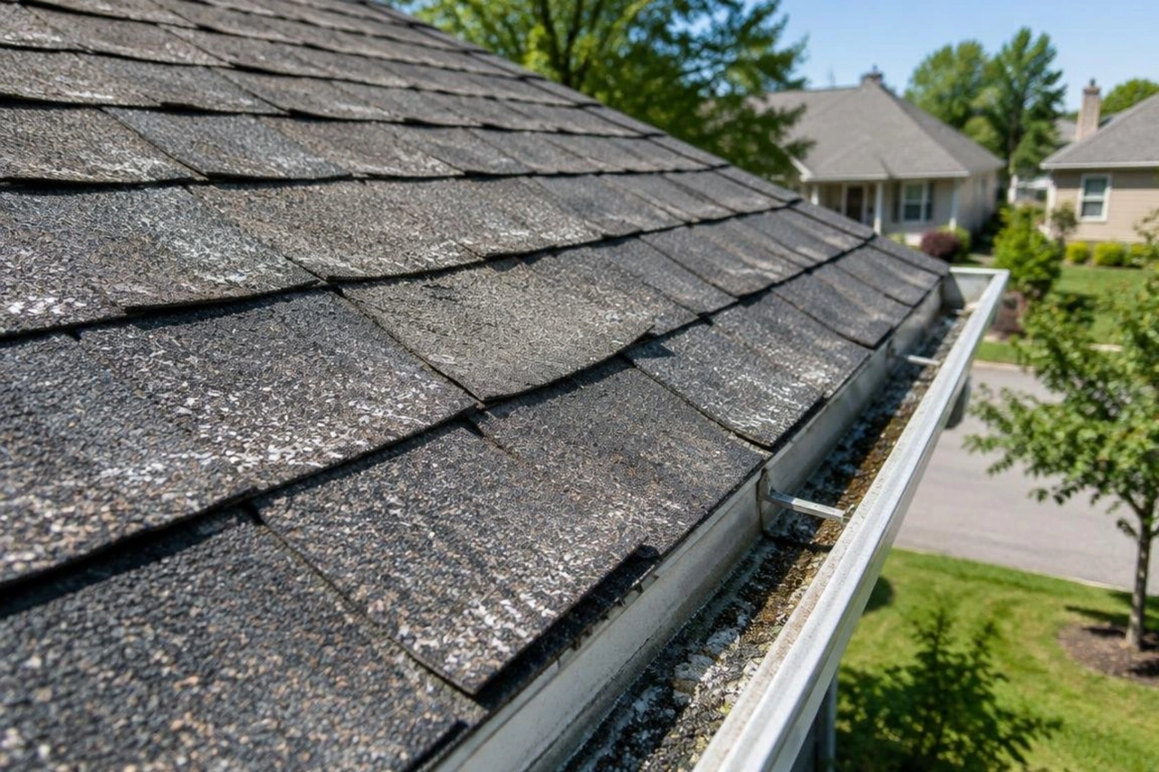 Roof showing moderate shingle wear and granule loss Roof showing moderate shingle wear and granule loss
