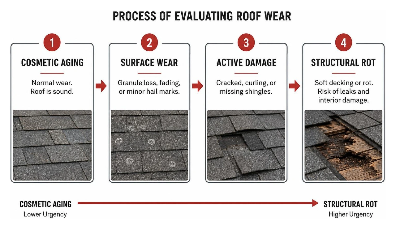 Process of evaluating roof wear from cosmetic aging to structural rot Process of evaluating roof wear from cosmetic aging to structural rot