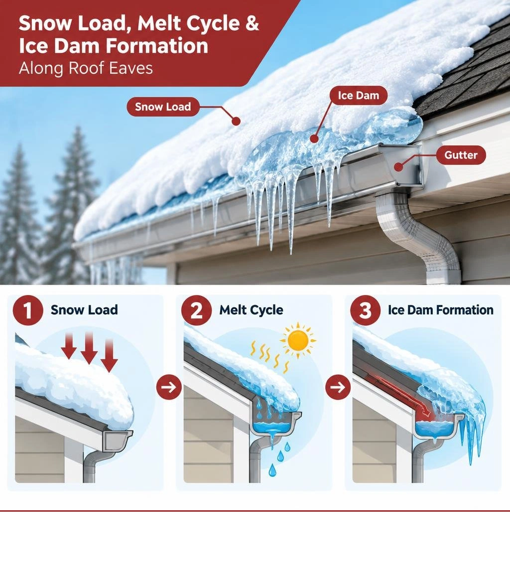 infographic showing snow load, melt cycle, and ice dam formation along roof eaves infographic infographic showing snow load, melt cycle, and ice dam formation along roof eaves infographic