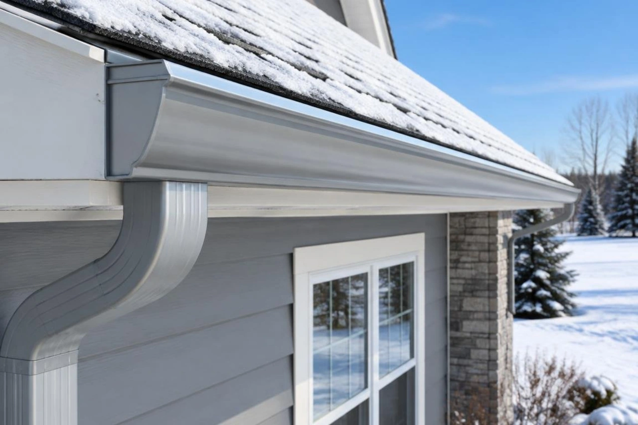 Seamless aluminum gutter and downspout on a home after a fresh snowfall Seamless aluminum gutter and downspout on a home after a fresh snowfall