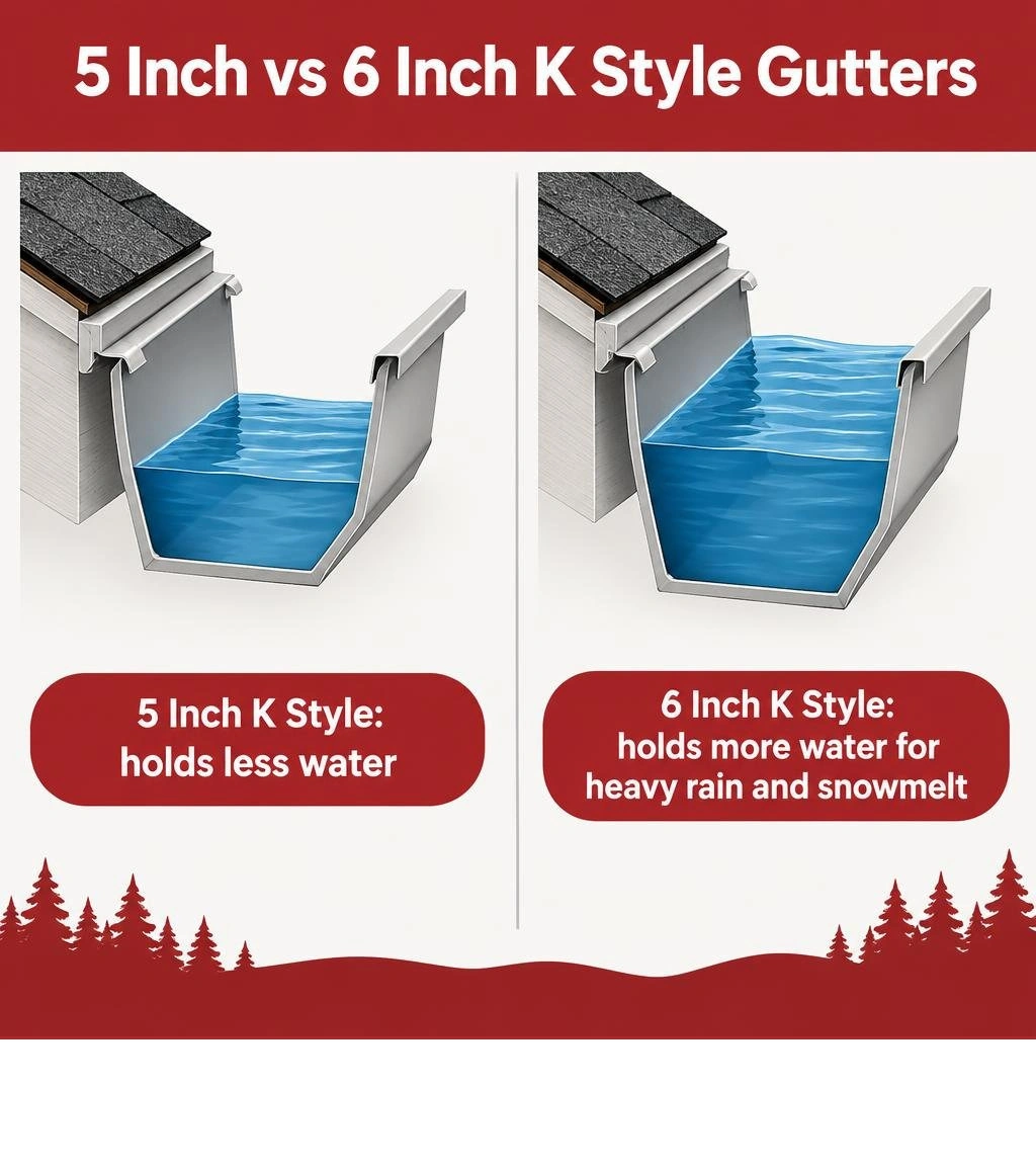 Infographic comparing five inch and six inch K style gutter cross sections. The six inch gutter holds more water for heavy rain and snowmelt. Infographic comparing five inch and six inch K style gutter cross sections. The six inch gutter holds more water for heavy rain and snowmelt.
