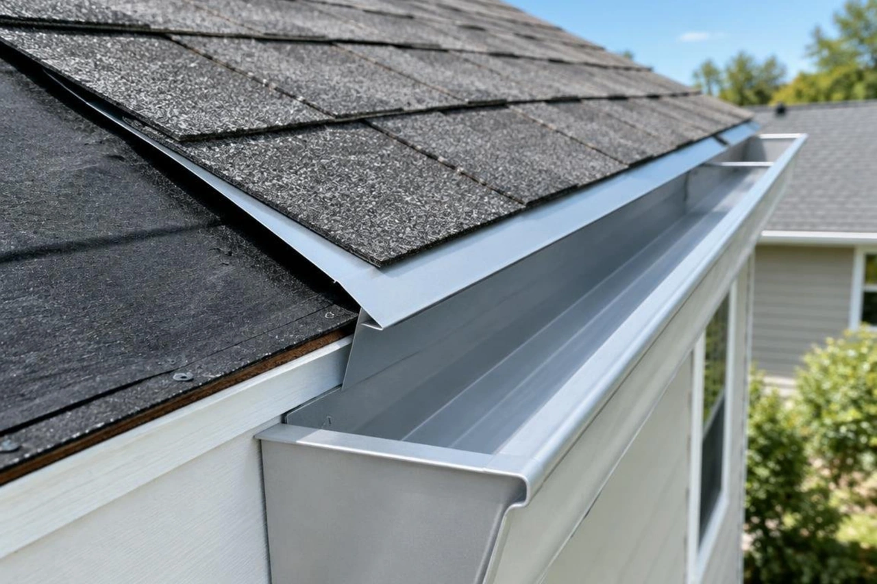 Drip edge flashing installed over the roof edge into a gutter Drip edge flashing installed over the roof edge into a gutter