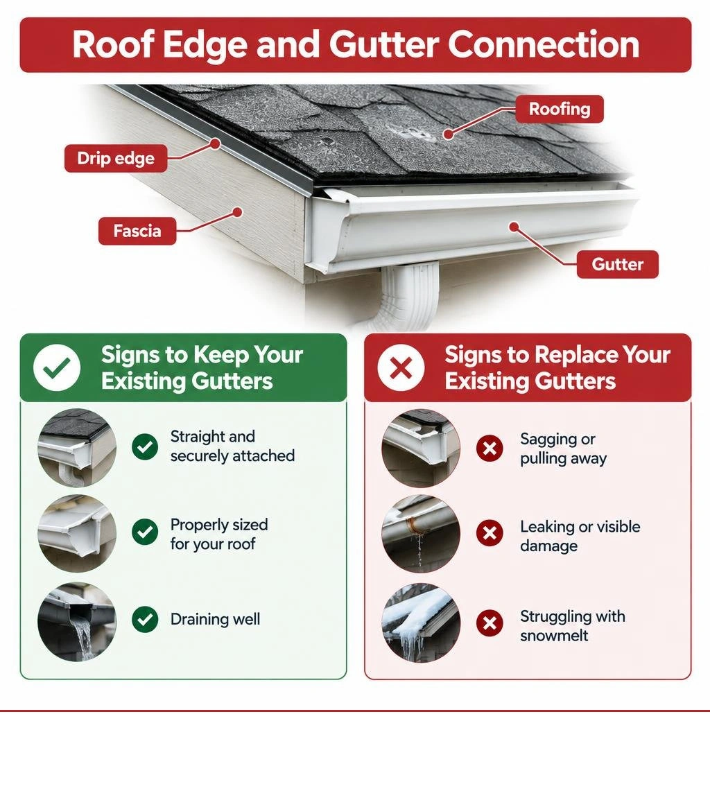 Infographic showing a roof edge and gutter connection with signs for keeping existing gutters or replacing damaged gutters. Infographic showing a roof edge and gutter connection with signs for keeping existing gutters or replacing damaged gutters.