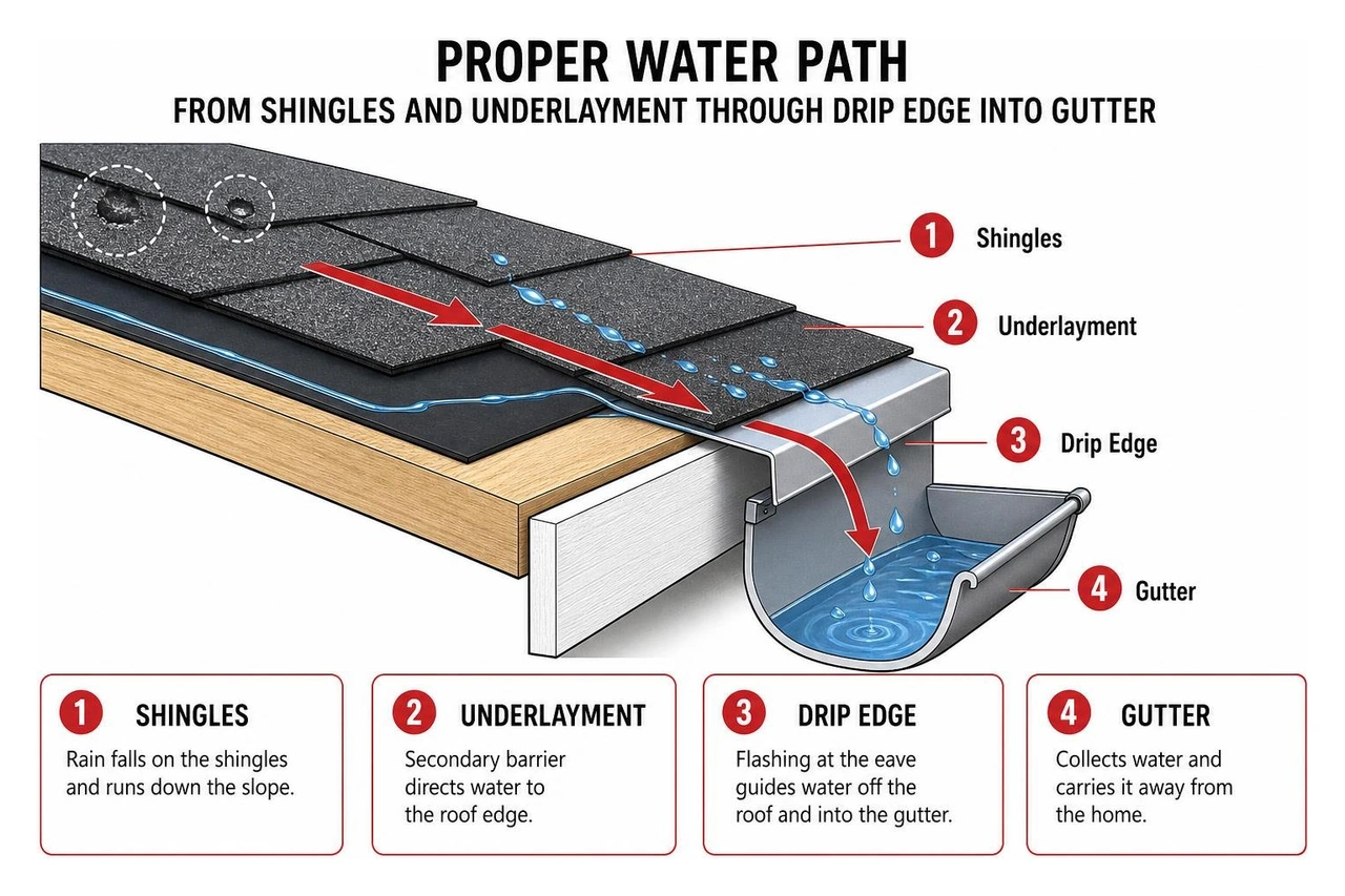 Proper water path from shingles and underlayment through drip edge into gutter Proper water path from shingles and underlayment through drip edge into gutter