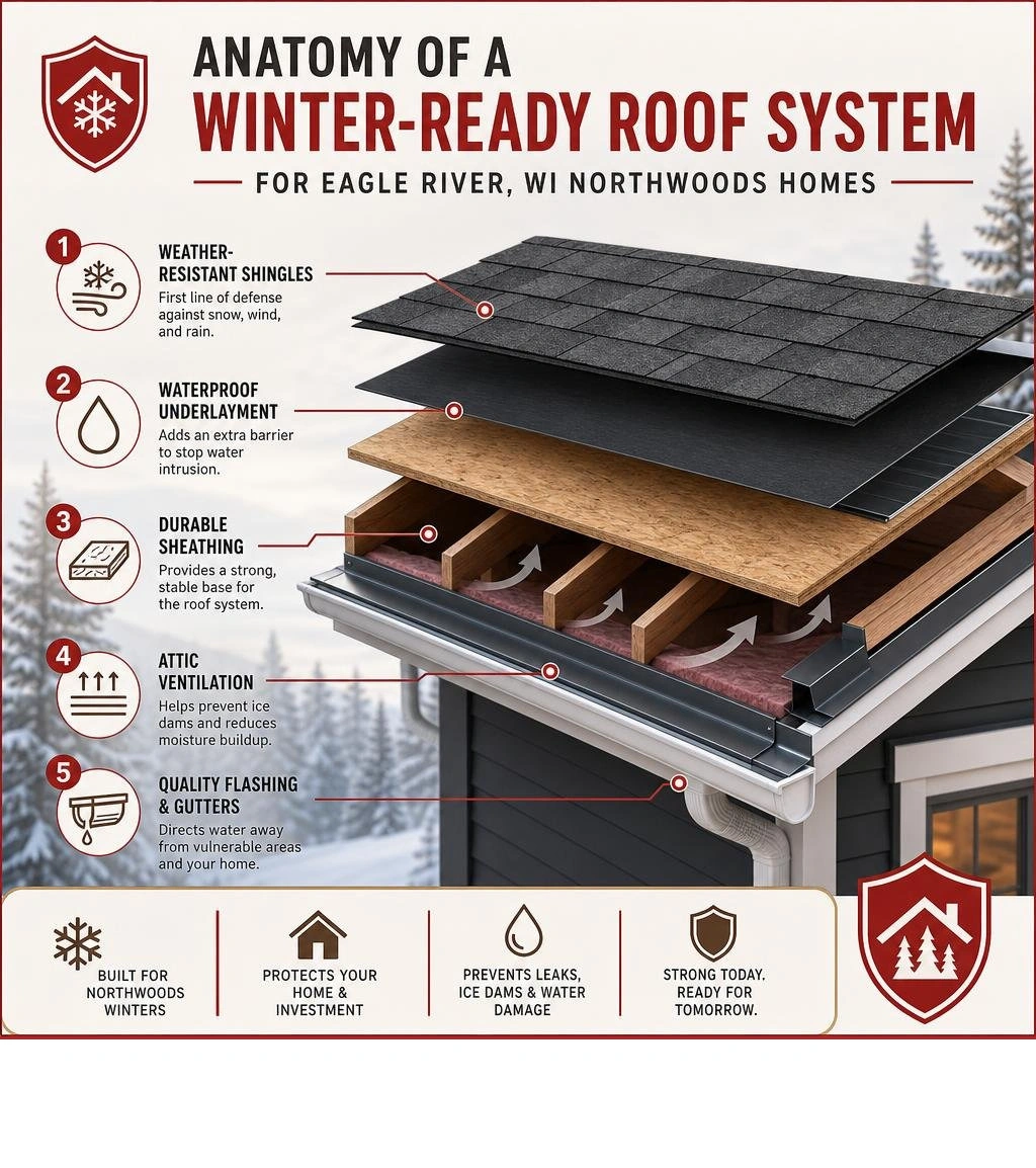 Anatomy of a winter-ready roof system for Eagle River WI Northwoods homes infographic Anatomy of a winter-ready roof system for Eagle River WI Northwoods homes infographic